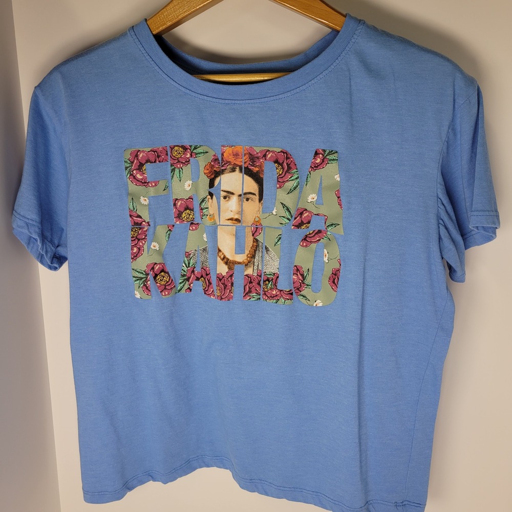 Frida Kahlo Jerry Leigh Blue Floral Graphic T-Shirt Large JT24108 Short Sleeve